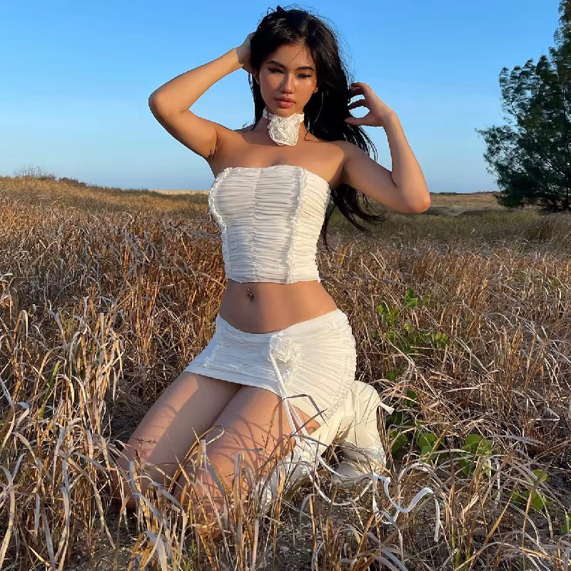 Ruched Backless Tank Top With 3d Floral Bodycon Elastic Mini Skirt Party Clubwear Outfits 2 Piece Set - Image 2