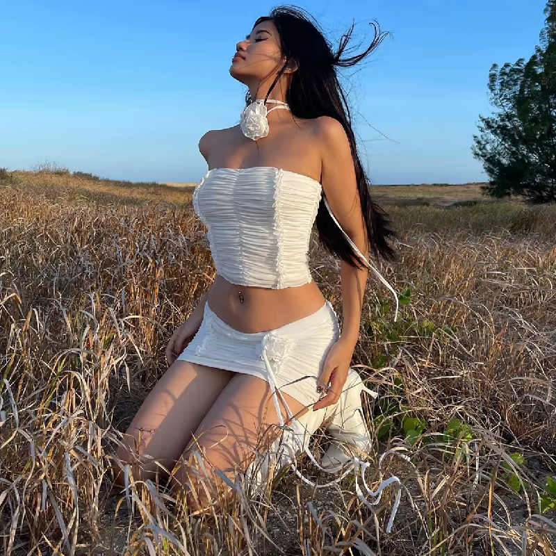 Ruched Backless Tank Top With 3d Floral Bodycon Elastic Mini Skirt Party Clubwear Outfits 2 Piece Set - Image 3