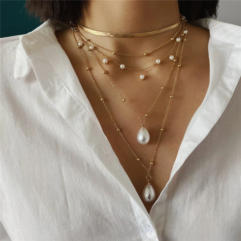Vintage Boho Imitation Pearl Droplet Multilayer Metal Beads Tassel Choker