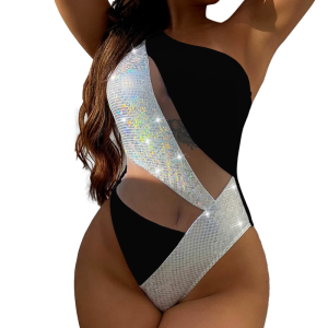 Sequin Mesh Stitching Swimsuit Hollow Backless One Piece Beachwear