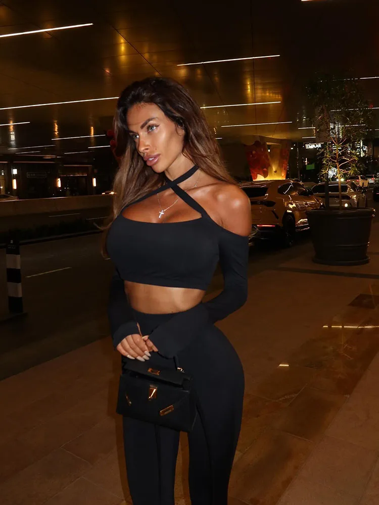 Sheath Sleeves Slash Neck Crop Top And Skirt Solid Hollow Out Slim Fit 2 Piece Suit - Image 3