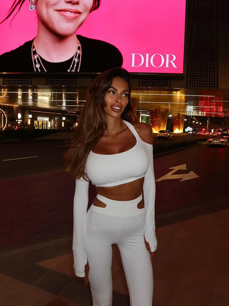 Sheath Sleeves Slash Neck Crop Top And Skirt Solid Hollow Out Slim Fit 2 Piece Suit - Image 11