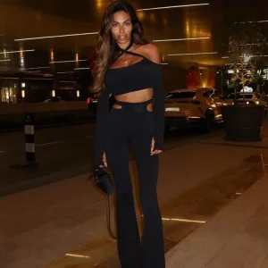 Sheath Sleeves Slash Neck Crop Top And Skirt Solid Hollow Out Slim Fit 2 Piece Suit