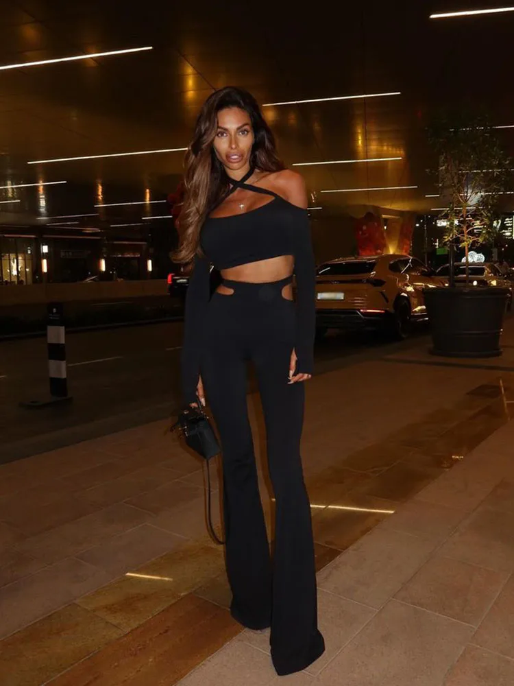 Sheath Sleeves Slash Neck Crop Top And Skirt Solid Hollow Out Slim Fit 2 Piece Suit