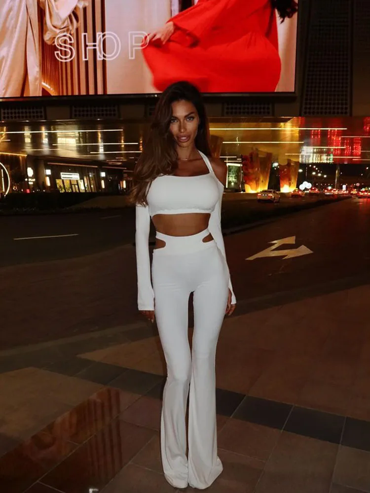 Sheath Sleeves Slash Neck Crop Top And Skirt Solid Hollow Out Slim Fit 2 Piece Suit - Image 10