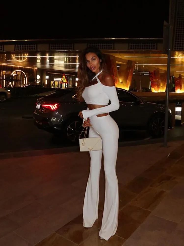 Sheath Sleeves Slash Neck Crop Top And Skirt Solid Hollow Out Slim Fit 2 Piece Suit - Image 7