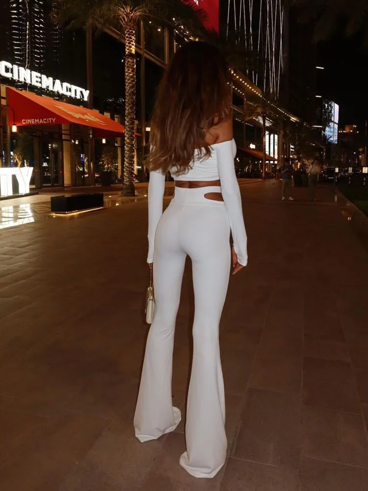 Sheath Sleeves Slash Neck Crop Top And Skirt Solid Hollow Out Slim Fit 2 Piece Suit - Image 12