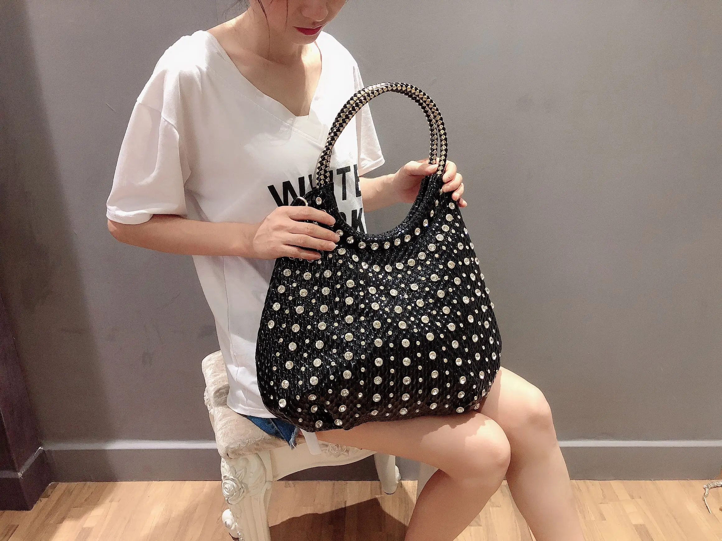 Shiny Diamonds Designer Bling Crystal Rivets Strap Crossbody Shoulder Bags - Image 2