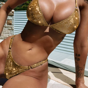 Shiny Sequins High Leg Cut Swimsuit Bather Bathing Suit Two-piece Bikini Set
