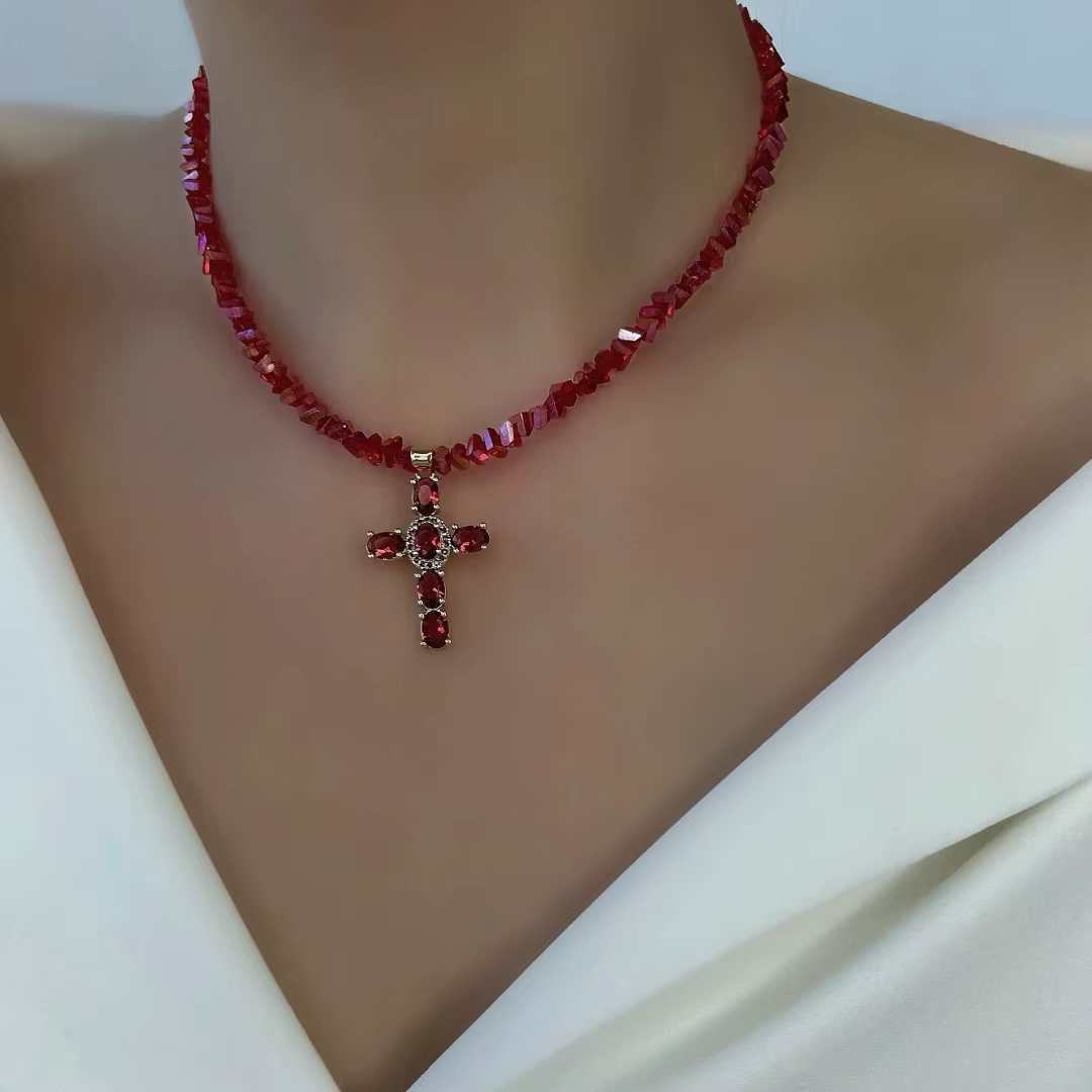 Simple Beads with Cross Pendant Luxury Rhinestone Choker Party Necklace