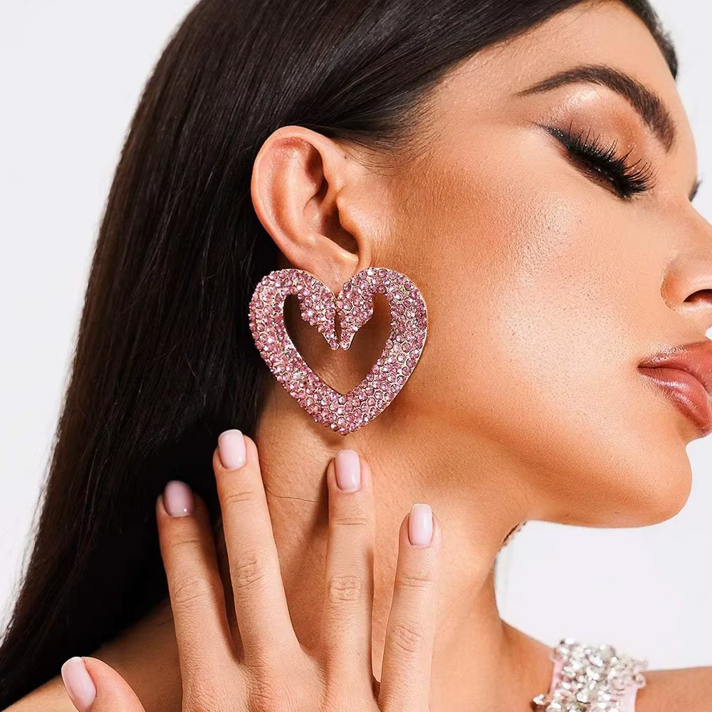 Simple Crystal Hollow Heart Love Rhinestone Hanging Earrings