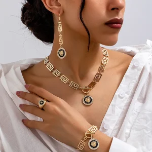 Simple Lion Head Pendant Necklace Earrings Bracelet Ring Jewelry Sets