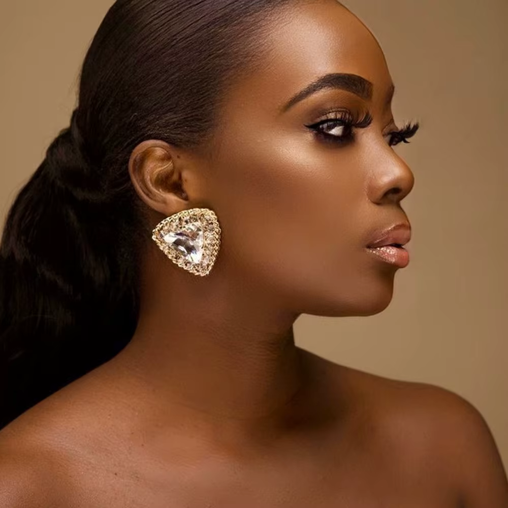 Simple Metal Chain Triangle Crystal Rhinestone Bridal Stud Earrings