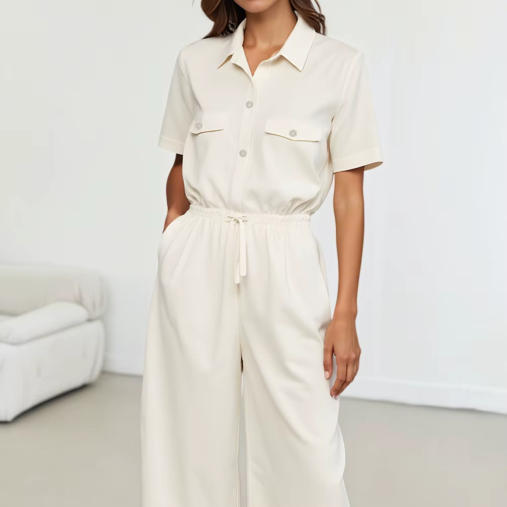 Simple Single Breasted Short Sleeve Shirt Collar Ankle Straight Jumpsuits - Image 2