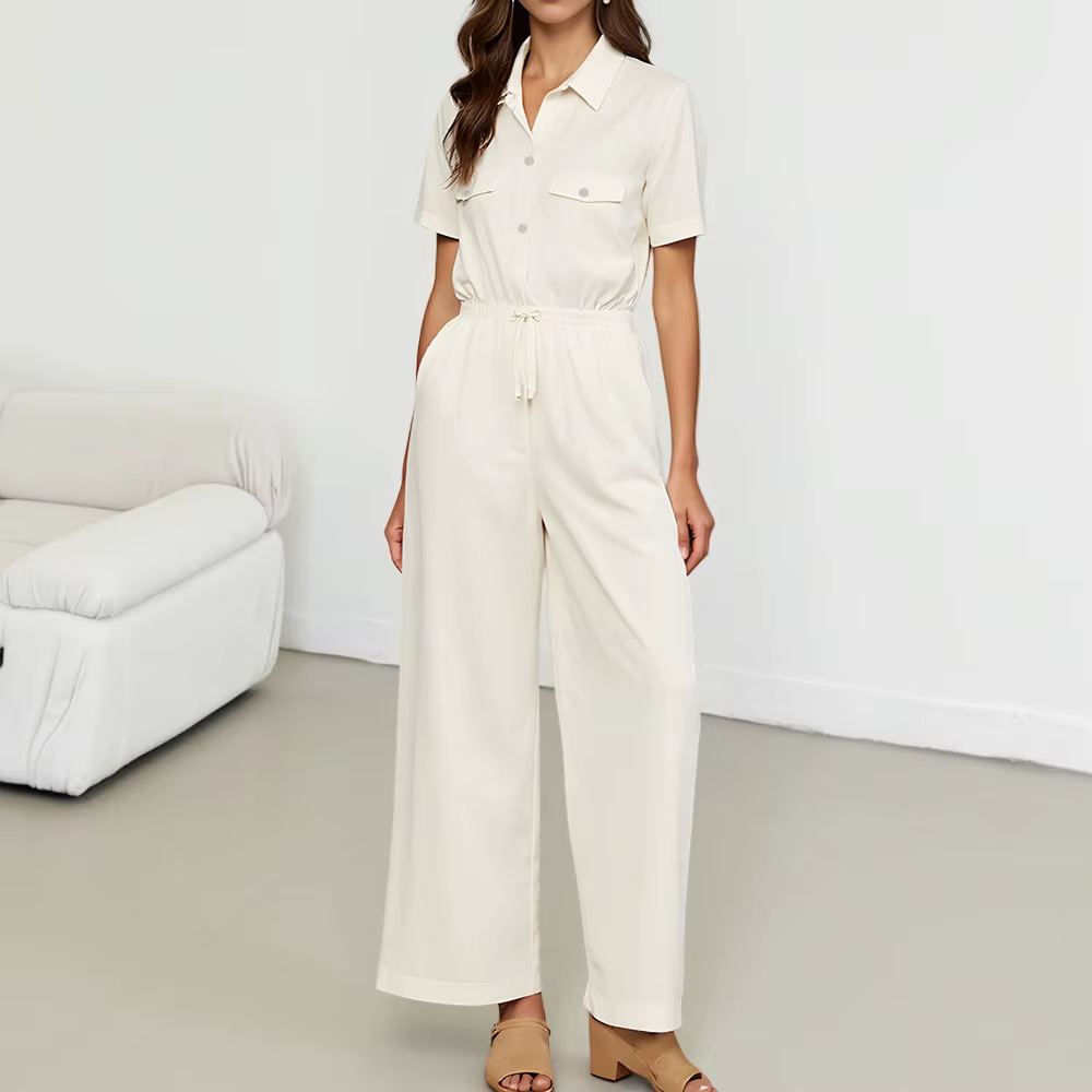 Simple Single Breasted Short Sleeve Shirt Collar Ankle Straight Jumpsuits