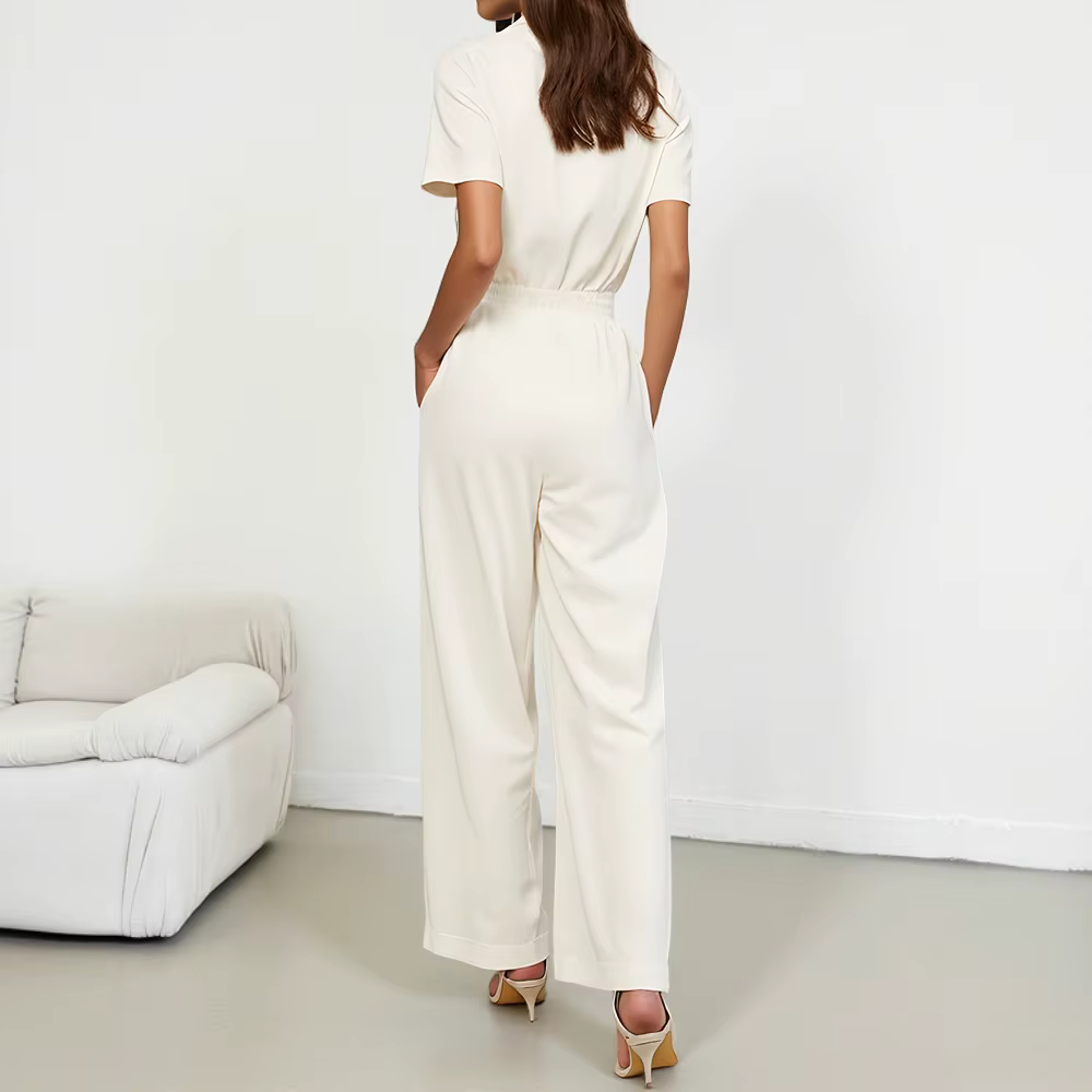 Simple Single Breasted Short Sleeve Shirt Collar Ankle Straight Jumpsuits - Image 4