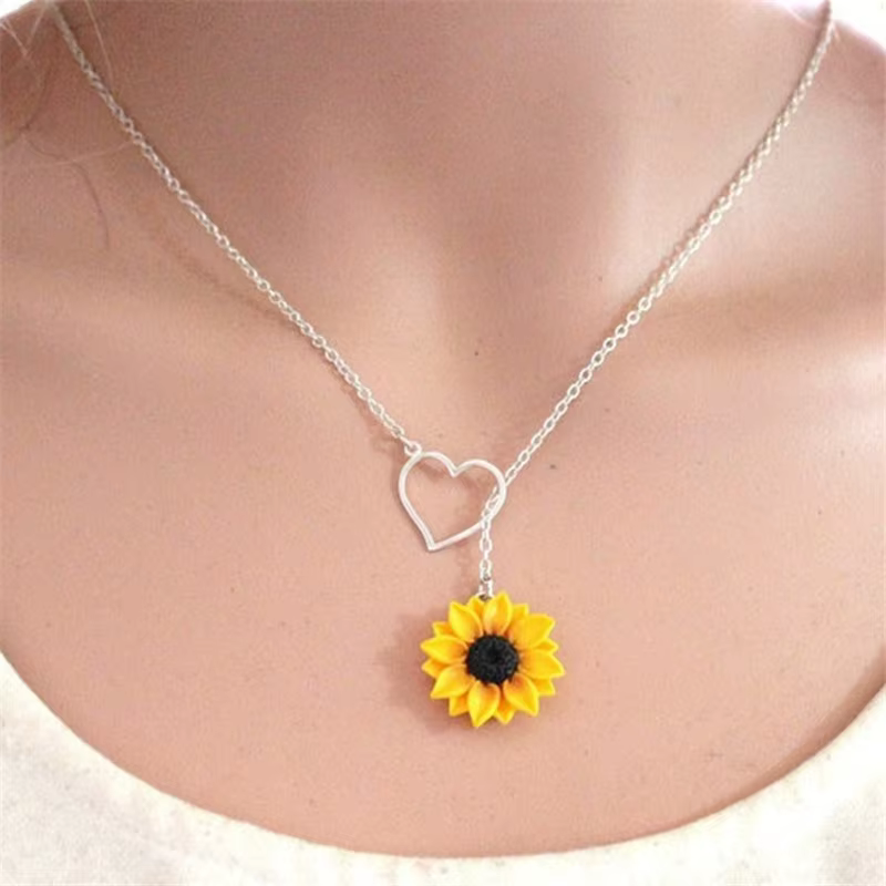 Simple Sunflower Heart Lariat Infinity Charm Bridal Bridesmaid Daisy Necklace