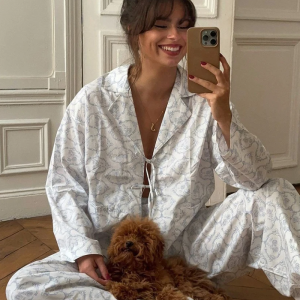 Sleepwear Set Long Sleeve Nightgowns Turn-Down Collar Pajama Lace Up Nightwear Pants