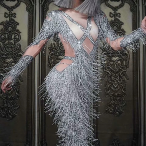 Sparkly Rhinestones Fringes Dance Costume Big Crystals Tassel Bodysuit Party Stage Wear Jumpsuit