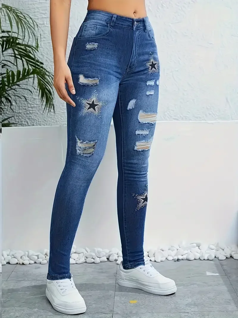 Star Pattern Printed Washed Hole High Waisted Stretch Denim Skinny Jeans - Image 6