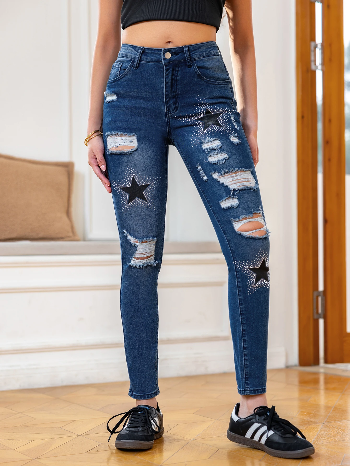 Star Pattern Printed Washed Hole High Waisted Stretch Denim Skinny Jeans - Image 4