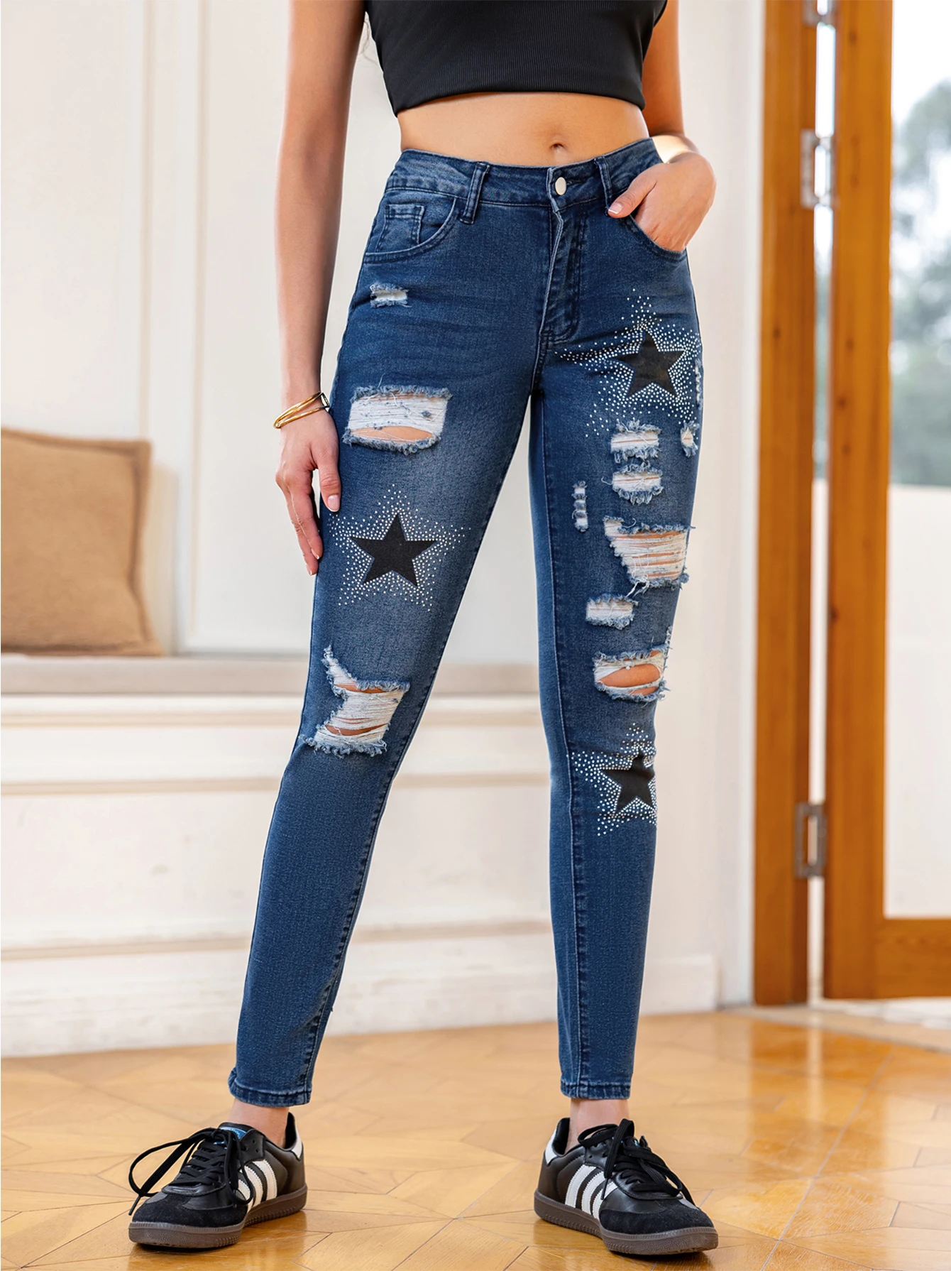 Star Pattern Printed Washed Hole High Waisted Stretch Denim Skinny Jeans - Image 3