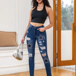 Star Pattern Printed Washed Hole High Waisted Stretch Denim Skinny Jeans