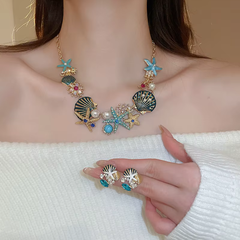 Starfish Shell Coral Imitation Pearl Colorful Rhinestones Jewelry Set