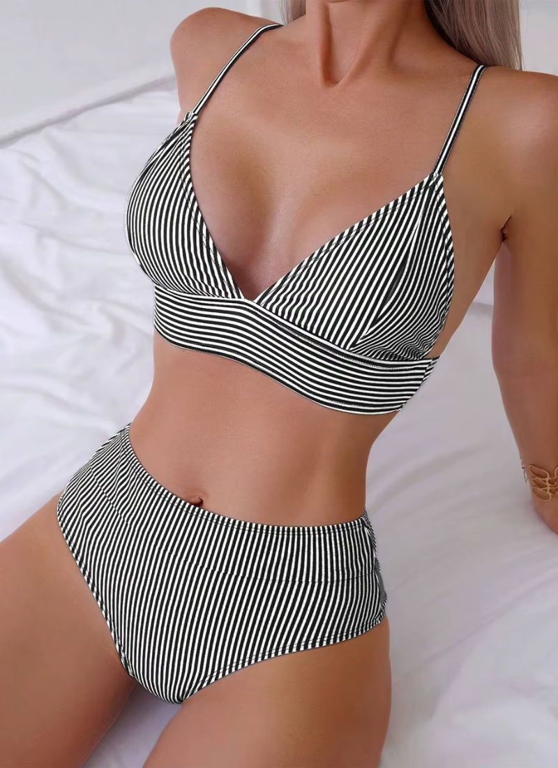 Striped Ruffle High Waisted Push Up Beachwear Two-piece Bikinis Set - Image 2