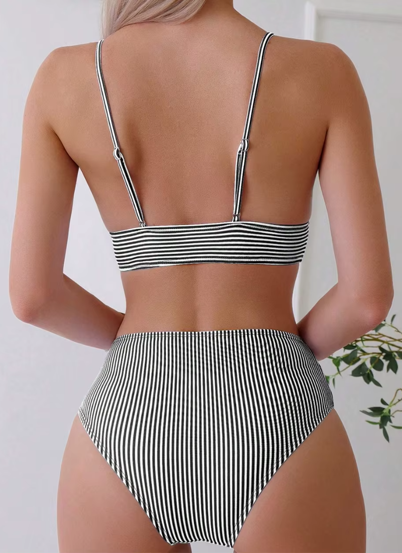 Striped Ruffle High Waisted Push Up Beachwear Two-piece Bikinis Set - Image 3