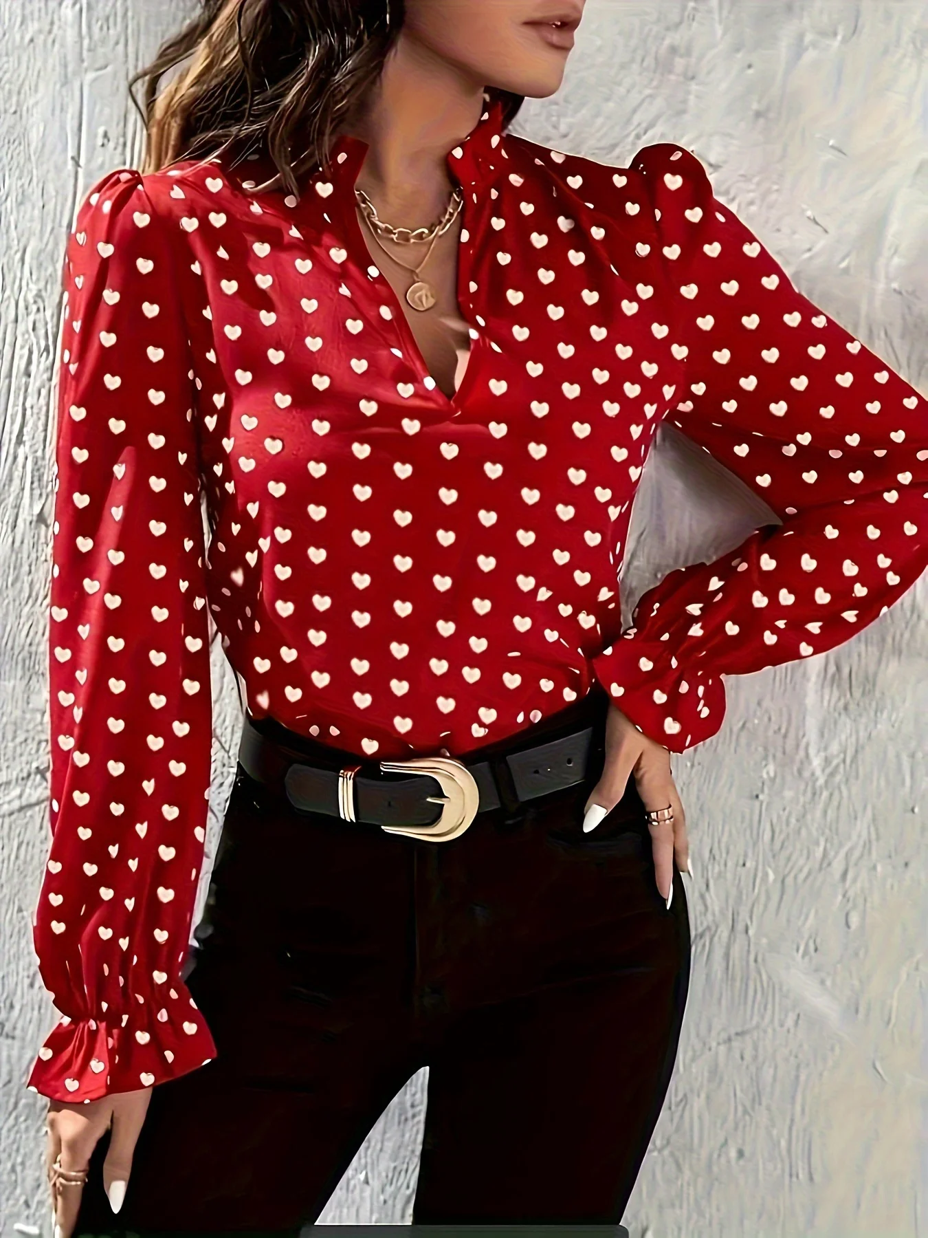 Sweet Design Stand-Up Collar Heart-Shaped Slim Fit Printed Shirt - Image 4
