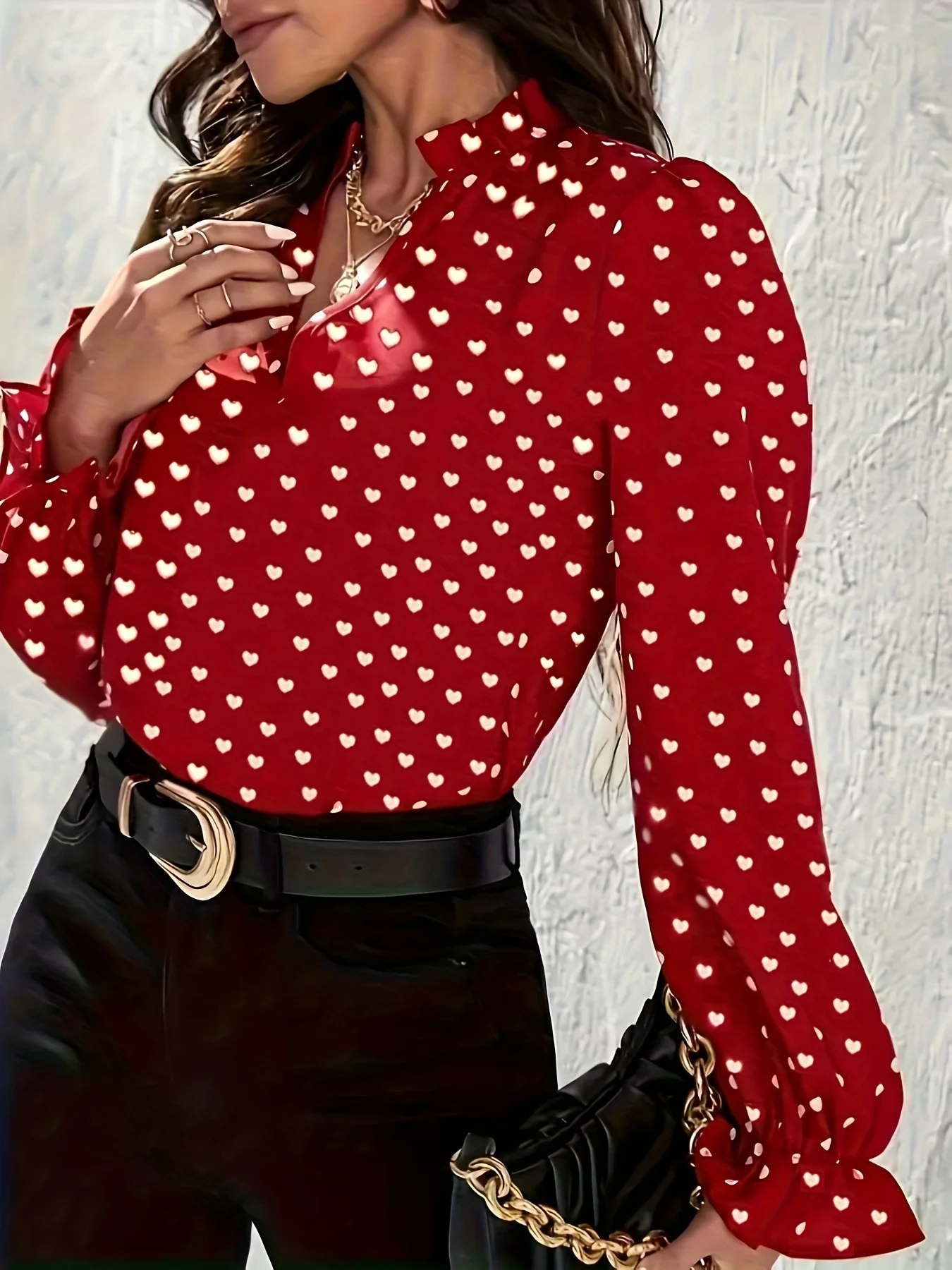 Sweet Design Stand-Up Collar Heart-Shaped Slim Fit Printed Shirt - Image 2