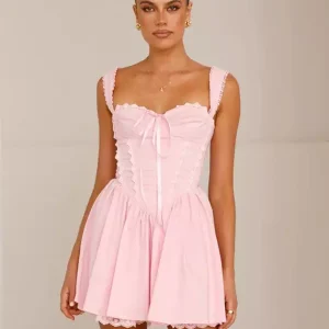 Sweet Sweetheart Neck Lace-Trimmed Ruffles Lace up Mini Dress