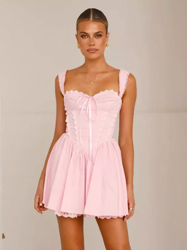 Sweet Sweetheart Neck Lace-Trimmed Ruffles Lace up Mini Dress
