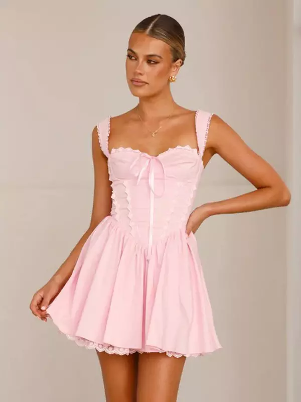 Sweet Sweetheart Neck Lace-Trimmed Ruffles Lace up Mini Dress - Image 4