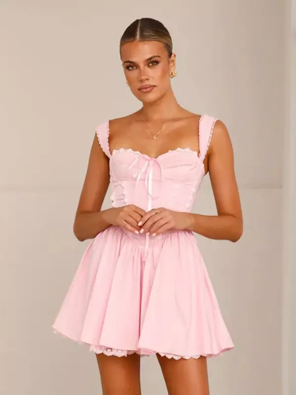 Sweet Sweetheart Neck Lace-Trimmed Ruffles Lace up Mini Dress - Image 3