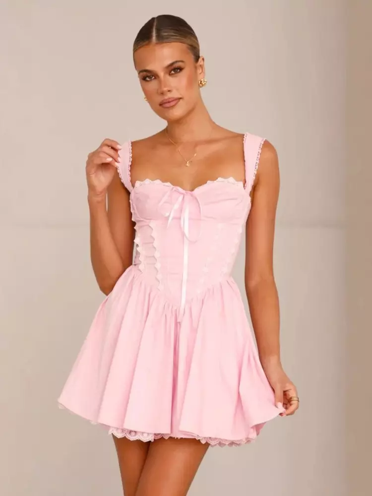 Sweet Sweetheart Neck Lace-Trimmed Ruffles Lace up Mini Dress - Image 2
