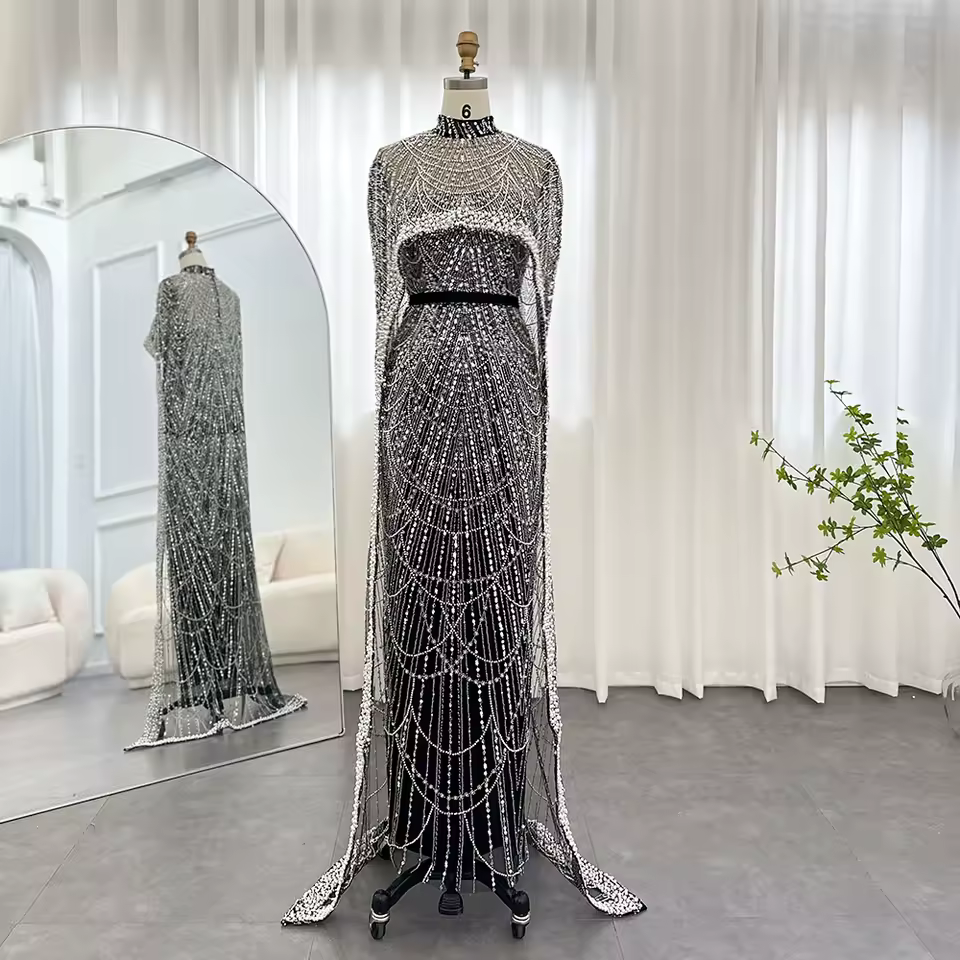 Luxury Pearls with Cape Sleeveless Crystal Sequined Mermaid Wedding Party Evening Maxi Dresses - Image 2