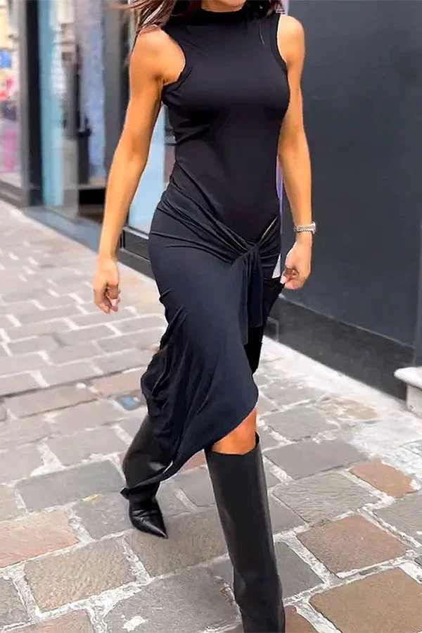 Temperament Design Street Style Combination Retro Knee-Length Dress - Image 3