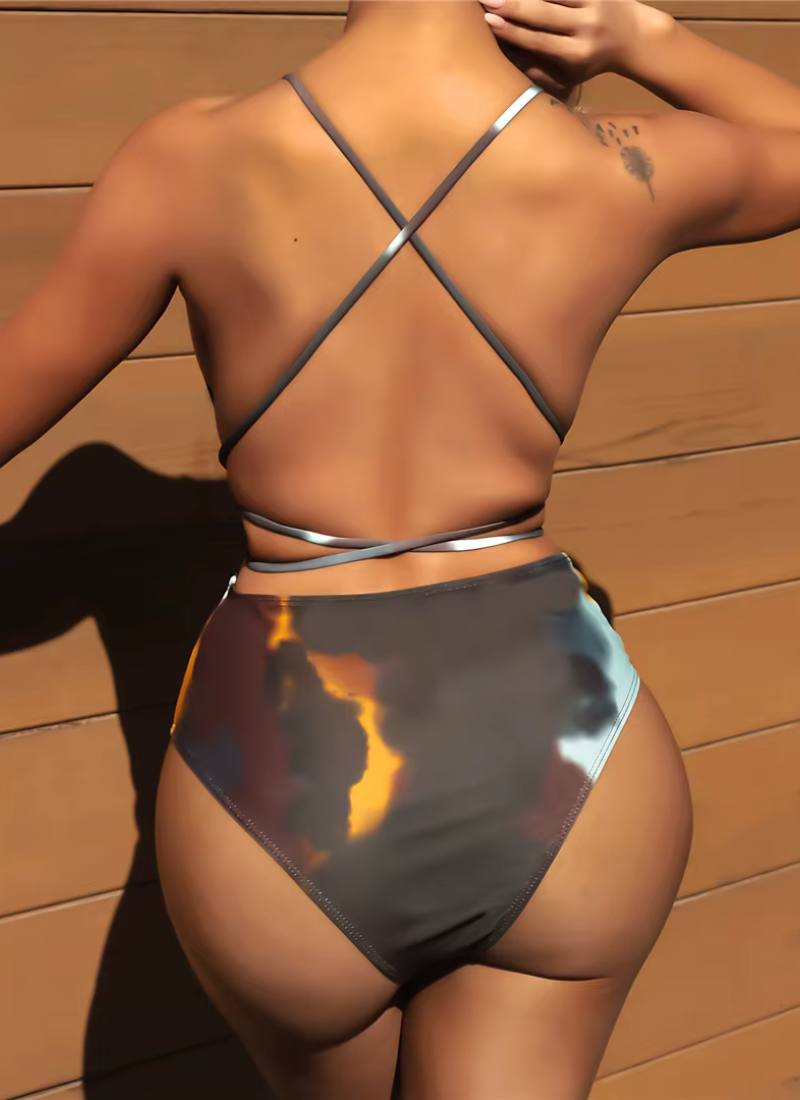 Tie Dye Deep V Neck One Piece Swimsuit Cross Back Bather Bathing Suit - Image 2