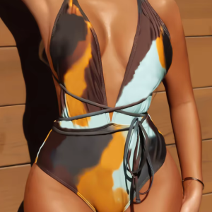 Tie Dye Deep V Neck One Piece Swimsuit Cross Back Bather Bathing Suit