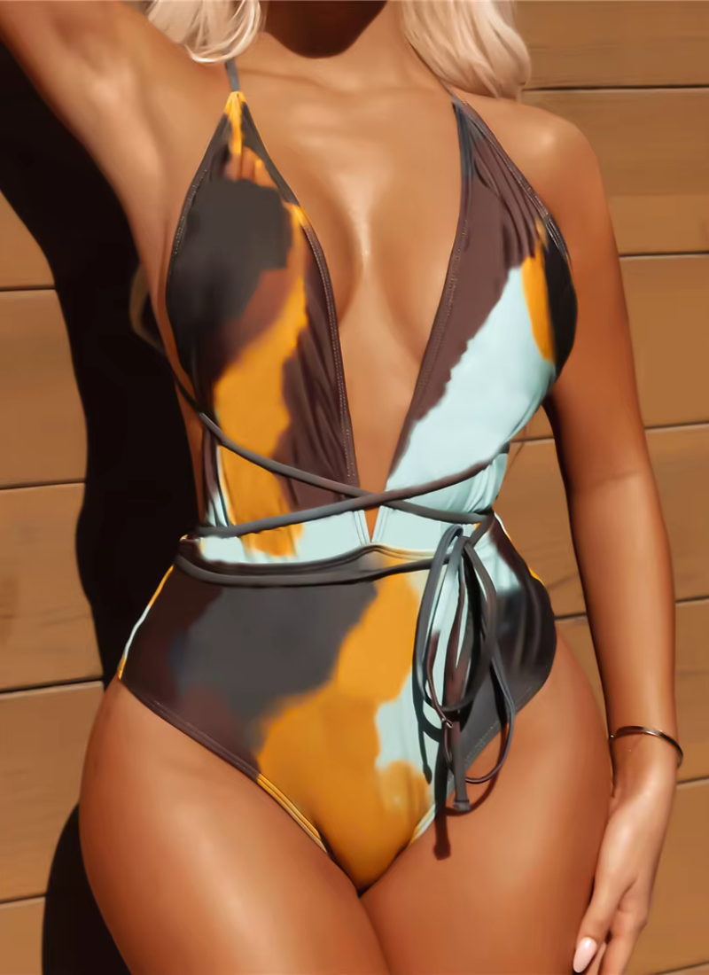 Tie Dye Deep V Neck One Piece Swimsuit Cross Back Bather Bathing Suit