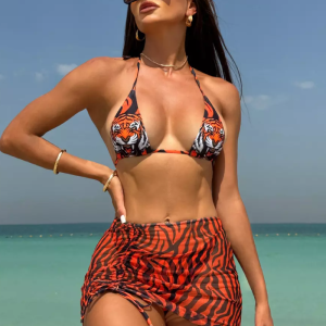 Tiger Print Bikini And Mini Skirt 3-Piece Swimsuit For Beach