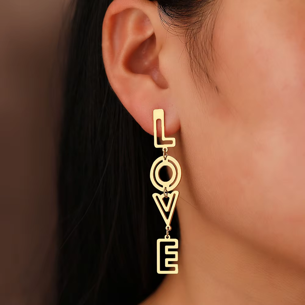 Trend Fine Letters LOVE Hollow Stainless Steel Pendants Earrings