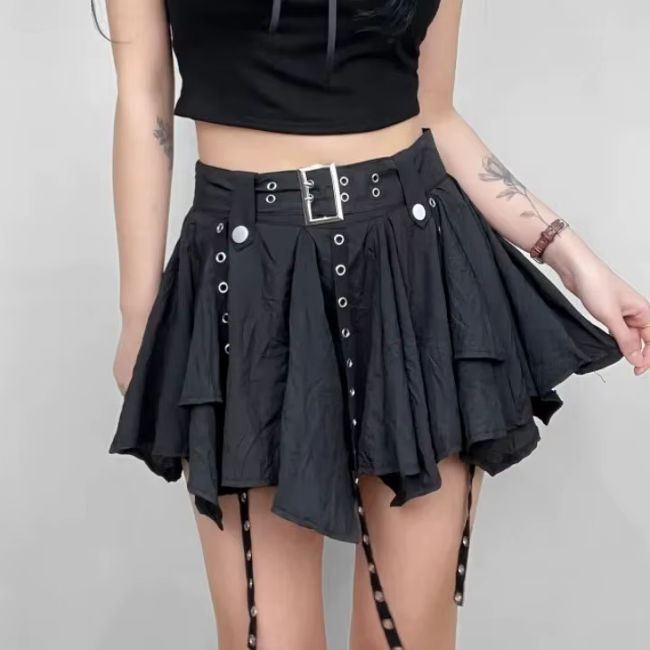 Trendy Crumpled Layer With Belt Strap Elastic Back Asymmetrical Mini Skirt - Image 5