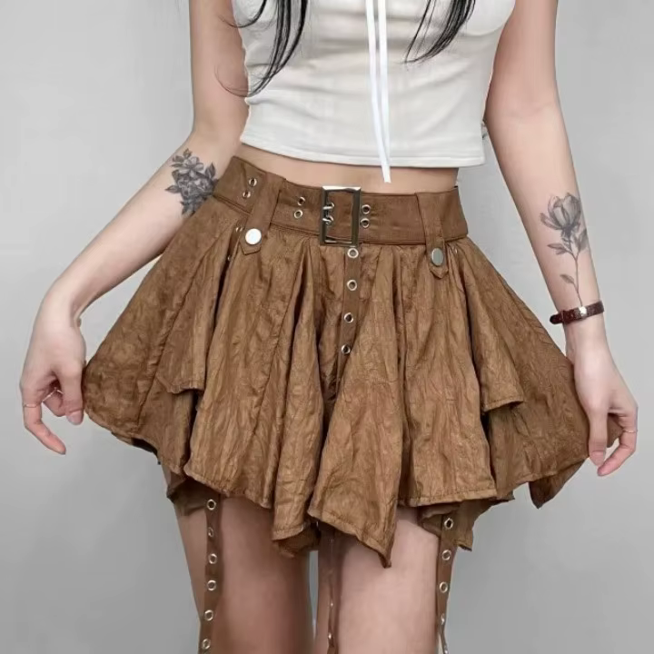 Trendy Crumpled Layer With Belt Strap Elastic Back Asymmetrical Mini Skirt - Image 9