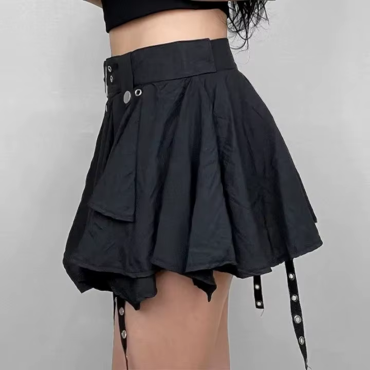 Trendy Crumpled Layer With Belt Strap Elastic Back Asymmetrical Mini Skirt - Image 7