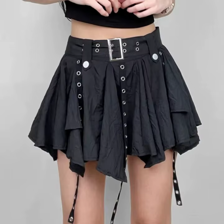 Trendy Crumpled Layer With Belt Strap Elastic Back Asymmetrical Mini Skirt - Image 2