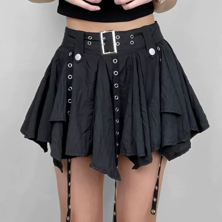 Trendy Crumpled Layer With Belt Strap Elastic Back Asymmetrical Mini Skirt - Image 6
