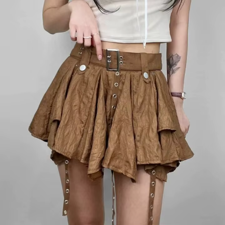 Trendy Crumpled Layer With Belt Strap Elastic Back Asymmetrical Mini Skirt - Image 10